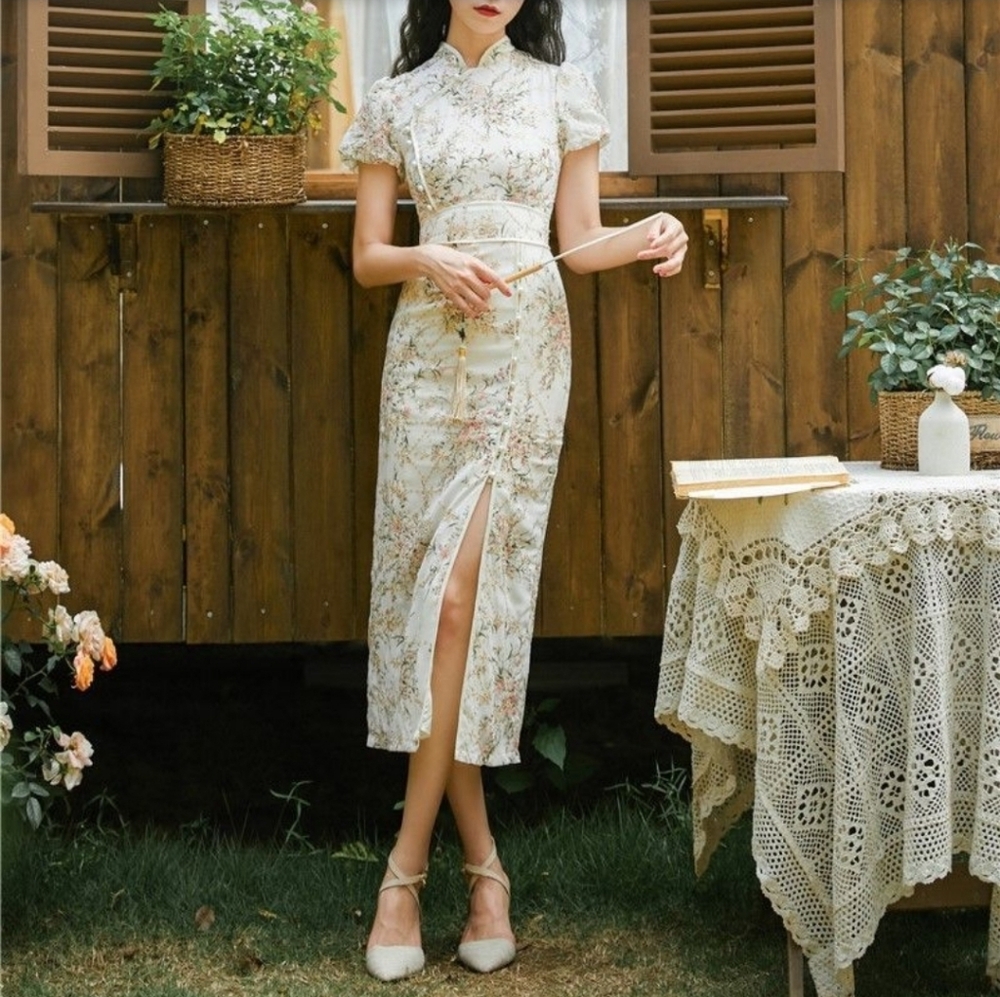 Floral Midi Qipao Chinese Dress with Slit Size XS